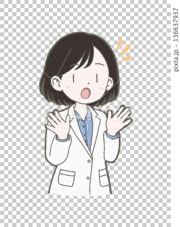 手繪插圖,一位身穿白大褂的女醫護人員驚訝地舉起雙手。 手繪插圖,一位身穿白大褂的女醫護人員驚訝地舉起雙手。 136637937