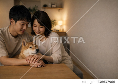 夜の暖色コピースペース、重ねた手に顎を預ける赤柴がつなぐ夫婦 136637966