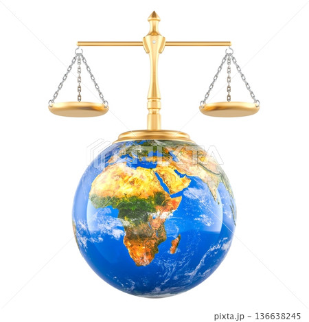 International justice day or Social justice day concept with scales of law on globe, 3D rendering 136638245