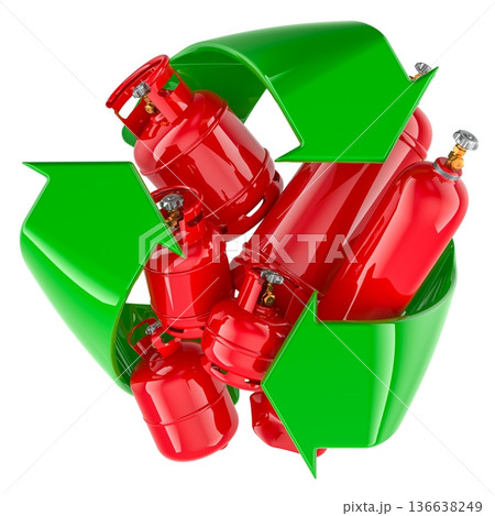 Gas cylinder recycling concept with green arrows. Reuse and safe recycling of propane or butane tanks. 3D rendering 136638249