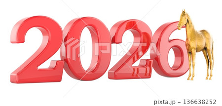 2026 Year of the Horse concept with golden horse, 3D rendering 136638252