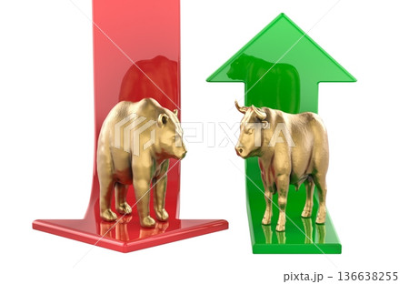 Bull and bear market concept with up and down arrows. Stock market trends, concept. 3d rendering 136638255