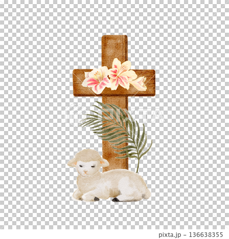 Lamb resting near wooden cross with lilies watercolor illustration on white, Christian Easter clip art ideal for church materials, religious prints, faith-based design, and worship visuals.Soft 136638355