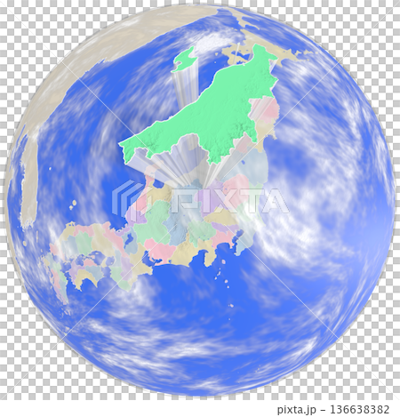 地球上空から見た、浮かび上がる新潟県のプラネット風地図 136638382