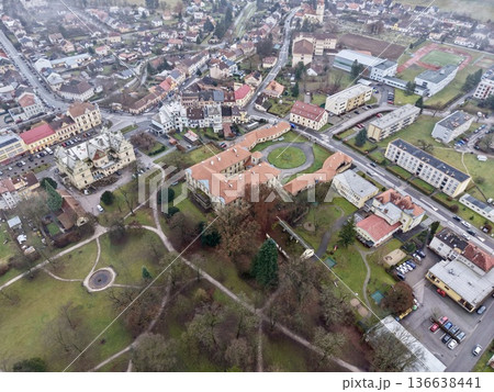 Winding Paths Surround Misty Castle Grounds, Skyline View Of Misty Castle And Winding Park Paths Winding Paths Surround Misty Castle Grounds, Skyline View Of Misty Castle And Winding Park Paths 136638441