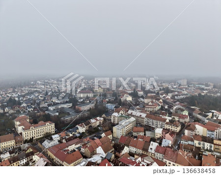 Aerial Perspective Capturing Preserved Historic District With Winding Streets And Vintage Architecture 136638458