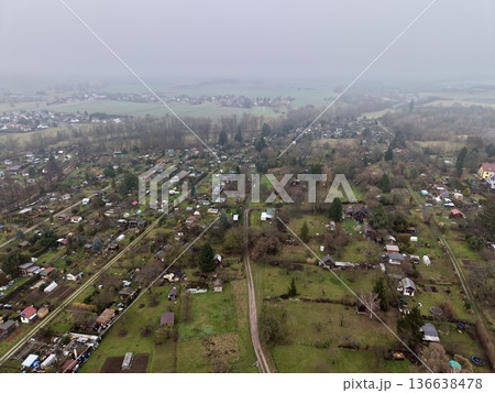 Countryside Community Space, Rural Garden With Plots, Suburban Landscape Featuring Allotments And Cabins 136638478