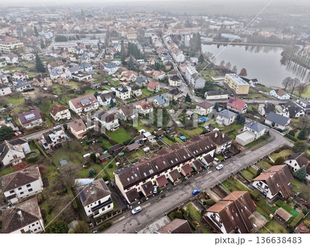 Urban Rooftops Detailed, Close View Of City Homes, Detailed Aerial Perspective Of Densely Packed Houses Urban Rooftops Detailed, Close View Of City Homes, Detailed Aerial Perspective Of Densely Packed Houses 136638483