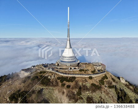 Foggy Peak With Viewing Platform, Elevated Rocky Ridgeline Presents Panoramic Vistas Above Clouds Foggy Peak With Viewing Platform, Elevated Rocky Ridgeline Presents Panoramic Vistas Above Clouds 136638488