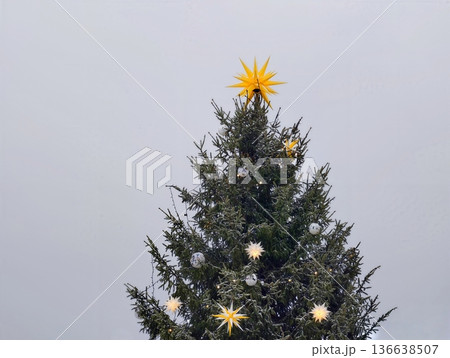 Festive Winter Scene, Traditional Winter Festivity Showcased By Illuminated Tree And Peaceful Public Setting Festive Winter Scene, Traditional Winter Festivity Showcased By Illuminated Tree And Peaceful Public Setting 136638507