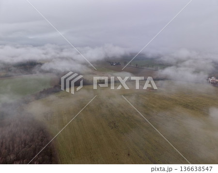 Morning Fogscape, Peaceful Dawn Over Distant Farms, Serene Sunrise With Drifting Mist And Open Fields Morning Fogscape, Peaceful Dawn Over Distant Farms, Serene Sunrise With Drifting Mist And Open Fields 136638547