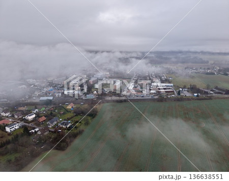 Suburban Fogscape Imagery, Calm And Foggy Suburban Fringe Showing Nature And Residential Structures Suburban Fogscape Imagery, Calm And Foggy Suburban Fringe Showing Nature And Residential Structures 136638551