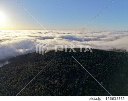 Morning Glow Over Mountain Landscape, Golden Clouds Drift Above Lush Forested Hills During Dawn 136638583