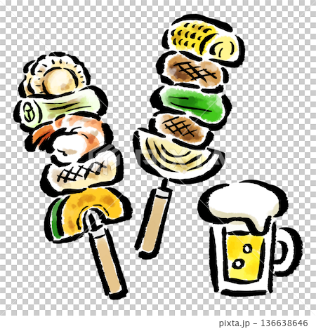 バーベキュー 串焼きとビール 筆タッチ手描きイラスト バーベキュー 串焼きとビール 筆タッチ手描きイラスト 136638646