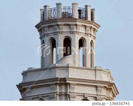 Exquisite Neoclassical Tower With Detailed Carvings And Weathered Textures Under Gentle Sunlight 136638743