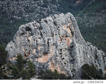 Rocky Cave Scenery, Cliff Face With Caves And Slopes, Weathered Limestone Cliffs With Pine And Valley View 136638816
