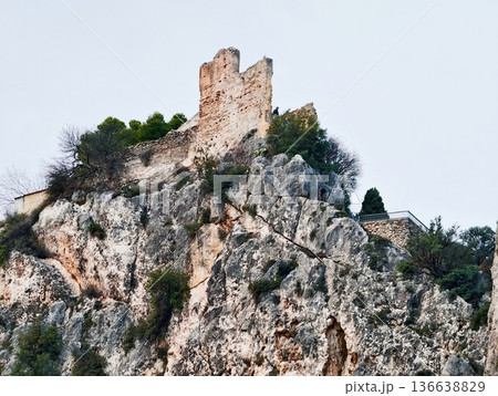 Historic Stone Stronghold On Hilltop, Faded Fortress Perched On Jagged Mountain With Timeless Stories Historic Stone Stronghold On Hilltop, Faded Fortress Perched On Jagged Mountain With Timeless Stories 136638829