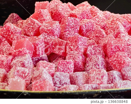 Turkish Sweet With Rose Flavor, Vivid Candy Treats With Handcrafted Charm And Rose Essence Turkish Sweet With Rose Flavor, Vivid Candy Treats With Handcrafted Charm And Rose Essence 136638848