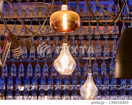 Vintage Bar Illumination, Edison Bulbs Create Cozy Ambiance With Shining Glass Bottles And Fixtures 136638865