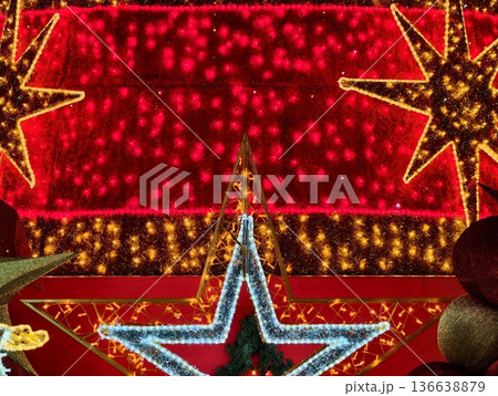 Bright Festive Scene, Colorful Glowing Star Arrangement With Shimmering Effects And Golden Accents 136638879