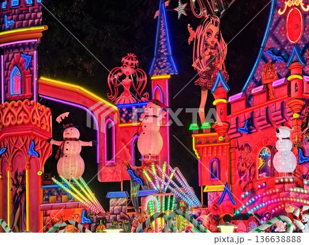 Colorful Night Scene With Lights, Vivid Neon Lights Illuminate Joyful Holiday Castle Facades Colorful Night Scene With Lights, Vivid Neon Lights Illuminate Joyful Holiday Castle Facades 136638888