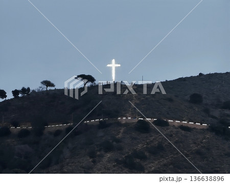 Evening Faith Journey, Silent Pilgrimage Route Illuminated By Candlelight Beneath Blue Evening Sky 136638896