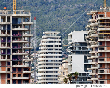 City Building Activity, Construction Scene Featuring Highrise Frameworks And Scaffolding Setup 136638950