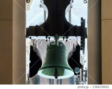 Heritage Restoration Highlights Aged Bronze Bell Amid Urban Architectural Framework With Texture Heritage Restoration Highlights Aged Bronze Bell Amid Urban Architectural Framework With Texture 136639002