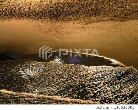 Shallow Tide Pool With Stones, Serene Coastal Scene Featuring Textured Sand And Glossy Stones Shallow Tide Pool With Stones, Serene Coastal Scene Featuring Textured Sand And Glossy Stones 136639003