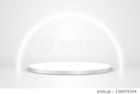 Podium white background. Round stage with glowing ring. Studio platform template. Advertising pedestal with light. 3d award place with soft shadow and round shape. Vector illustration 136639164
