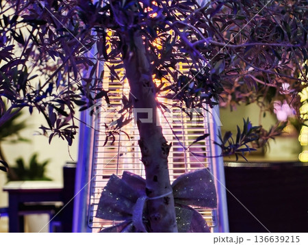 Ambiance Of Evening Dining Outdoors, Charming Outdoor Area Illuminated By Glowing Heater And Flames Ambiance Of Evening Dining Outdoors, Charming Outdoor Area Illuminated By Glowing Heater And Flames 136639215