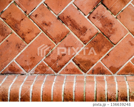 Diagonal Terracotta Tile Surface, Crafted Ceramic Tiles Arranged In Diagonal Pattern With Worn Surface 136639248