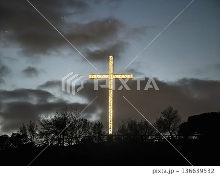 Calm And Inspiring Scene Of Luminous Cross Shading Trees During Sunset With Horizon In View Calm And Inspiring Scene Of Luminous Cross Shading Trees During Sunset With Horizon In View 136639532