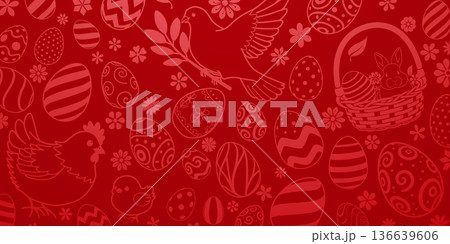 Easter eggs and bunnies on red. Easter eggs and bunnies on red. 136639606
