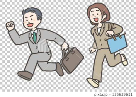 笑顔で走る若手・中堅ビジネスマンとビジネスウーマンのセット 136639611