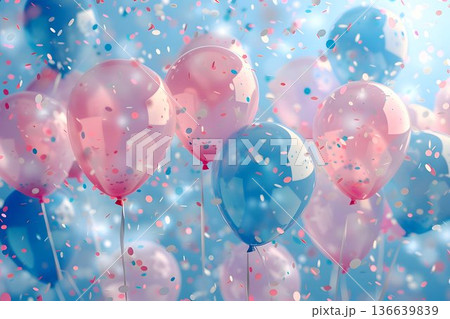 blue and pink balloons floating joyfully in a soft 136639839