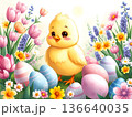 Cute, illustrated yellow chick stands amidst colorful Easter eggs and vibrant spring flowers 136640035