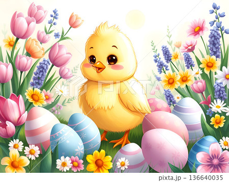 Cute, illustrated yellow chick stands amidst colorful Easter eggs and vibrant spring flowers 136640035