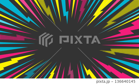 Comic Lightning Burst Frame with Neon Rays and Halftone Dots on Dark Background. Retro Pop Art Border with Copy Space for Posters, Banners, Ads. Manga Expression Speed Lines. Vector Illustration 136640145