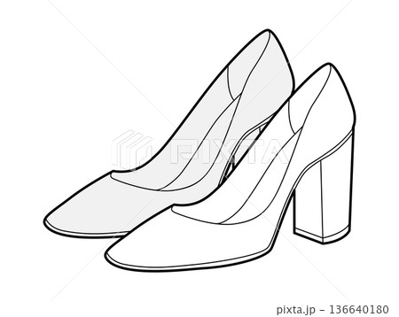 Block heel pump women sketch pair. Stable dress footwear for office, wedding, everyday outfit. Technical illustration 136640180