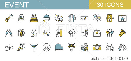 イベントに関するアイコンセット 誕生日・計画・お祝いなど カラー イベントに関するアイコンセット 誕生日・計画・お祝いなど カラー 136640189