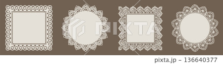 Ornamental hand drawn rococo lace frames with embroidery details. Vintage floral crochet borders, decorative paper cut shapes and elegant doily style elements. Vector illustration. Ornamental hand drawn rococo lace frames with embroidery details. Vintage floral crochet borders, decorative paper cut shapes and elegant doily style elements. Vector illustration. 136640377