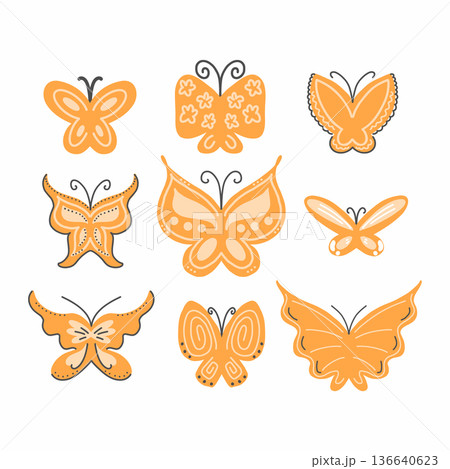 collection of illustrations with cute orange doodle butterflies. 136640623