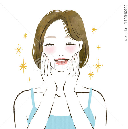 両手を顔に当てて満面の笑みで喜ぶ女性の美容イメージイラスト 両手を顔に当てて満面の笑みで喜ぶ女性の美容イメージイラスト 136640990