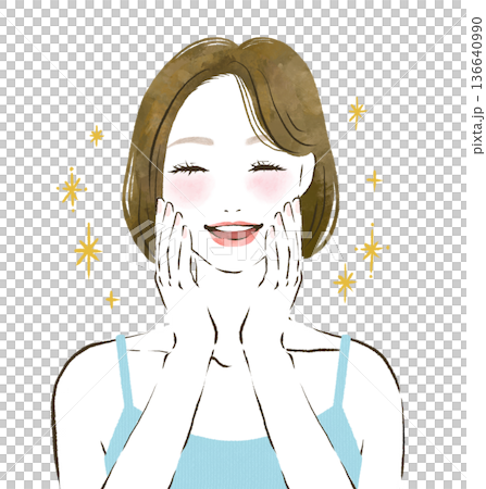 両手を顔に当てて満面の笑みで喜ぶ女性の美容イメージイラスト 両手を顔に当てて満面の笑みで喜ぶ女性の美容イメージイラスト 136640990