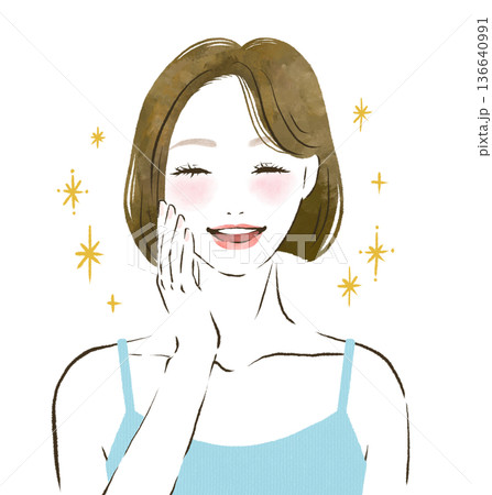 頬に触れてスキンケアの成果に喜ぶ女性　美容イメージの線画イラスト 136640991