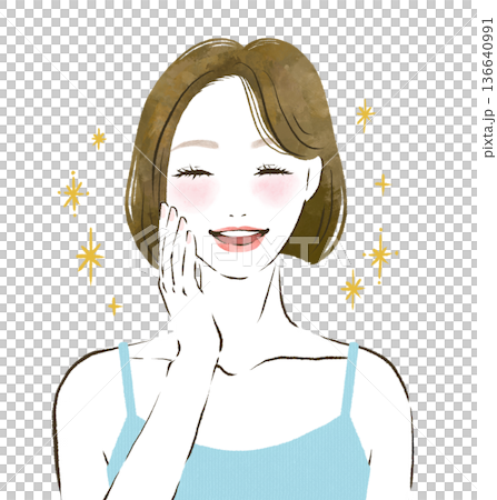 頬に触れてスキンケアの成果に喜ぶ女性　美容イメージの線画イラスト 136640991