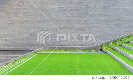 artificial green grass on staircase, exterior design for home 136641105