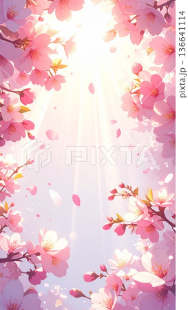 縦型素材　光が差し込む桜のイラスト　生成AI素材 136641114