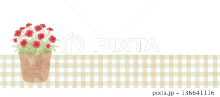 赤いカーネーションの鉢植えとチェックの背景　横長　水彩風 136641116